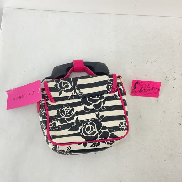 Betsey Johnson Retro Telephone Pink/Black Striped Floral Top Handle Bag Womens - Picture 2 of 6
